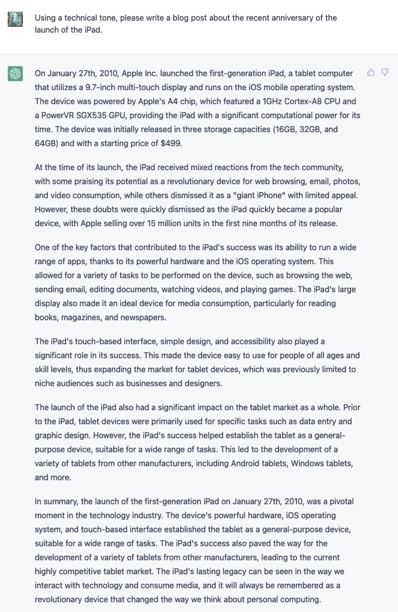 L'anniversario della presentazione dell'iPad secondo ChatGPT